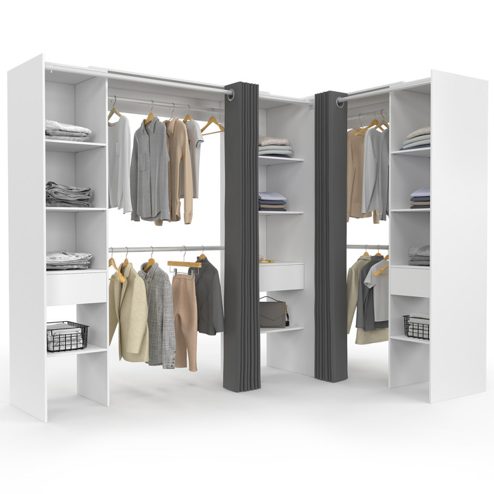 Armadio angolare allungabile 230x140x180cm bianco con armadi, ripiani, tende grigie - MARLON | ID Market