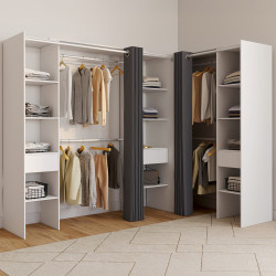 Armadio angolare allungabile 230x140x180cm bianco con armadi, ripiani, tende grigie - MARLON | ID Market