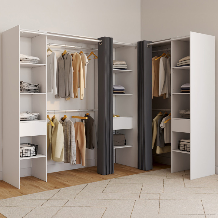 Armadio angolare allungabile 230x140x180cm bianco con armadi, ripiani, tende grigie - MARLON | ID Market