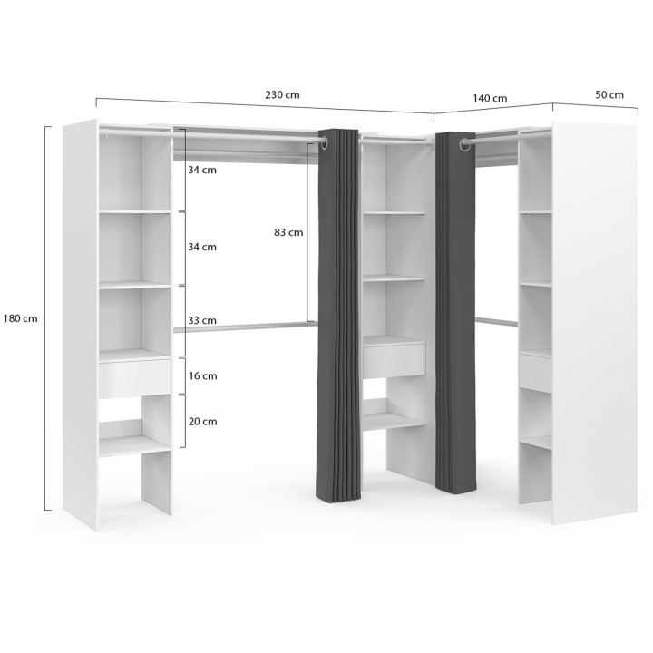 Armadio angolare allungabile 230x140x180cm bianco con armadi, ripiani, tende grigie - MARLON | ID Market