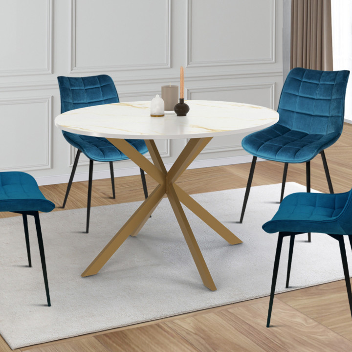 Tavolo da pranzo rotondo per 6 persone con piano effetto marmo oro e gamba a ragno in ottone 110cm - ALIX | ID Market