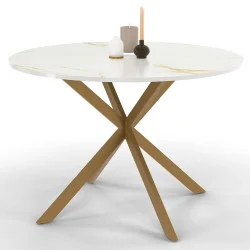 Tavolo da pranzo rotondo per 6 persone con piano effetto marmo oro e gamba a ragno in ottone 110cm - ALIX | ID Market