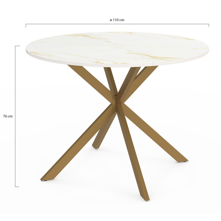 Tavolo da pranzo rotondo per 6 persone con piano effetto marmo oro e gamba a ragno in ottone 110cm - ALIX | ID Market