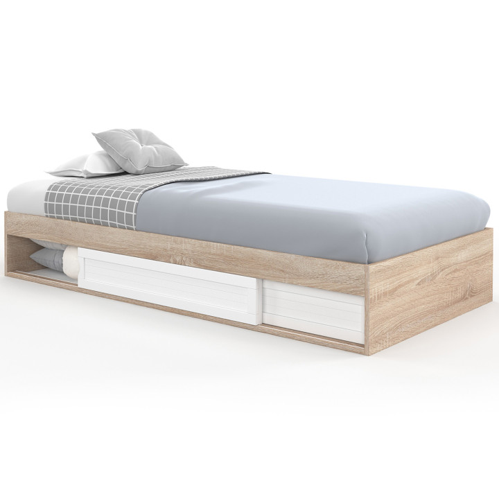 Struttura letto singolo con contenitore e base 90x190cm in faggio e bianco - SALEM | ID Market