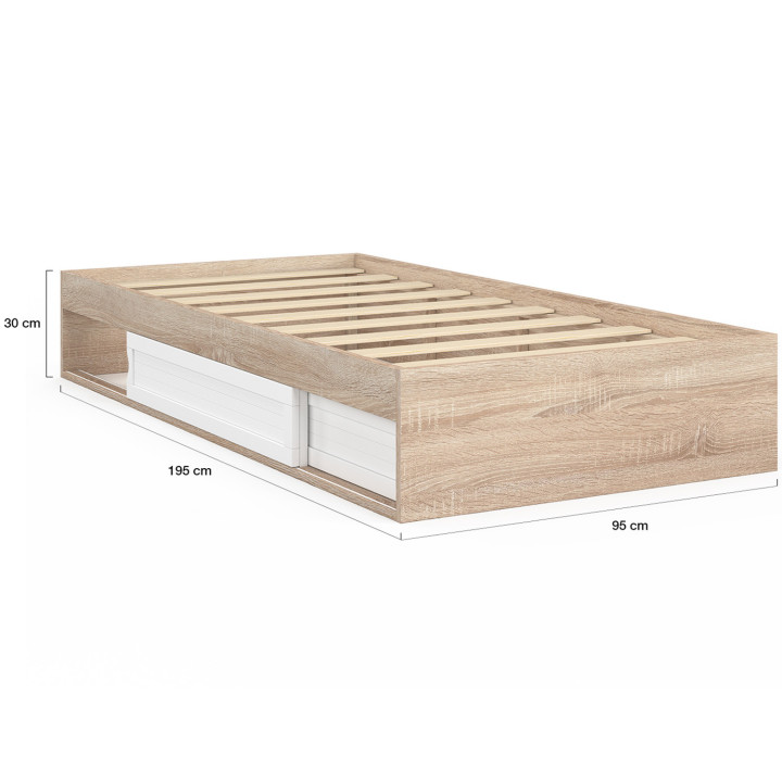 Struttura letto singolo con contenitore e base 90x190cm in faggio e bianco - SALEM | ID Market