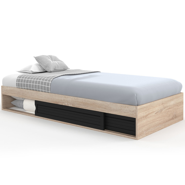 Struttura letto singolo con contenitore e base 90x190cm in faggio e nero - SALEM | ID Market