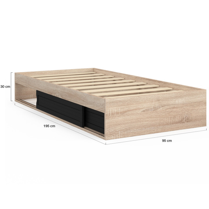 Struttura letto singolo con contenitore e base 90x190cm in faggio e nero - SALEM | ID Market