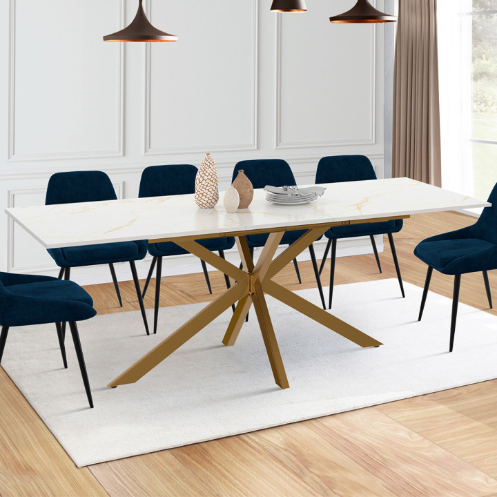 Tavolo allungabile per 6-10 persone, piano effetto marmo oro, gamba a ragno in ottone 160-200cm - ALIX | ID Market