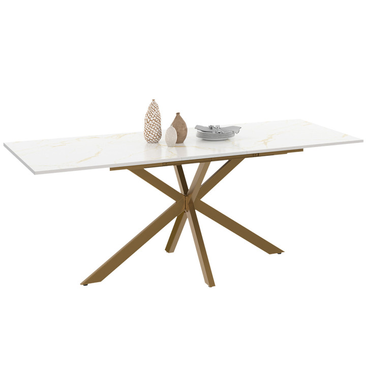 Tavolo allungabile per 6-10 persone, piano effetto marmo oro, gamba a ragno in ottone 160-200cm - ALIX | ID Market