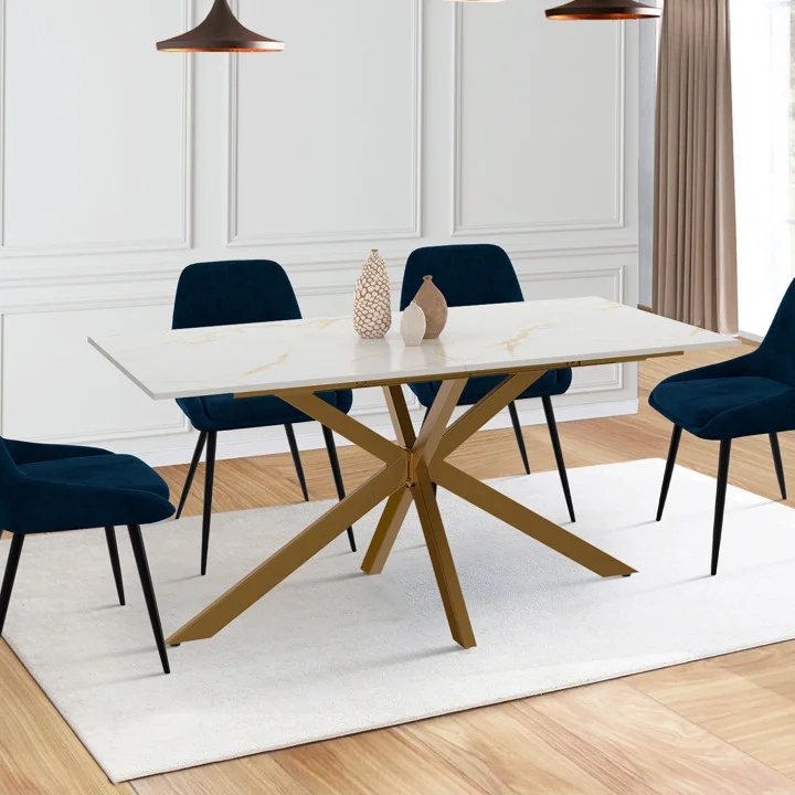 Tavolo allungabile per 6-10 persone, piano effetto marmo oro, gamba a ragno in ottone 160-200cm - ALIX | ID Market