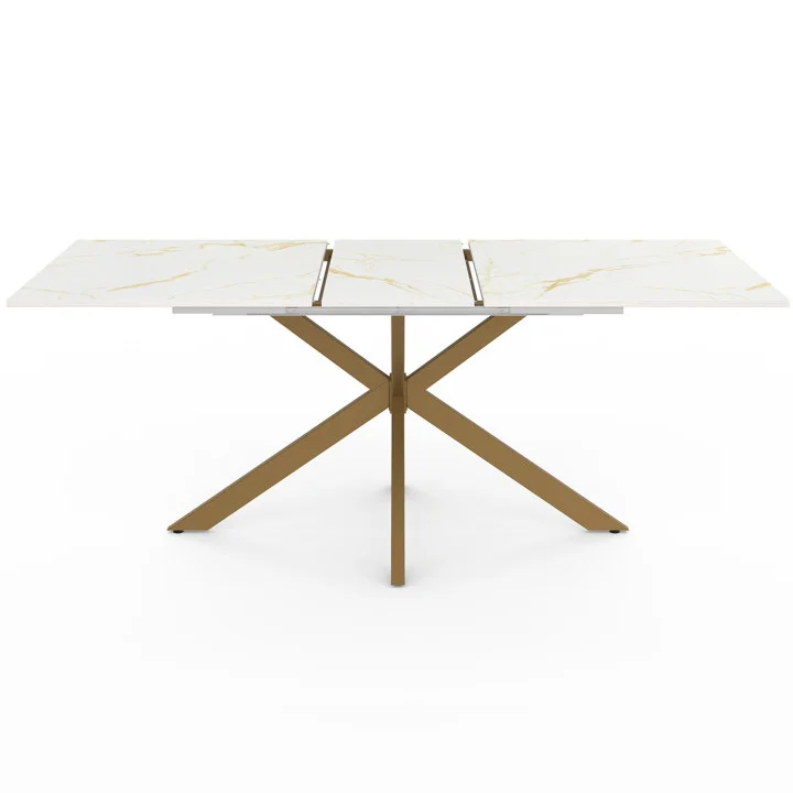 Tavolo allungabile per 6-10 persone, piano effetto marmo oro, gamba a ragno in ottone 160-200cm - ALIX | ID Market