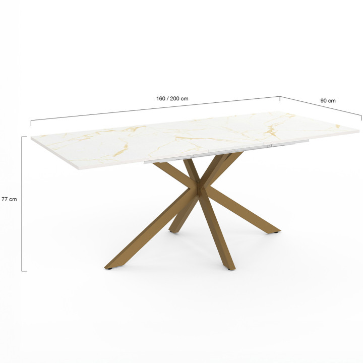 Tavolo allungabile per 6-10 persone, piano effetto marmo oro, gamba a ragno in ottone 160-200cm - ALIX | ID Market