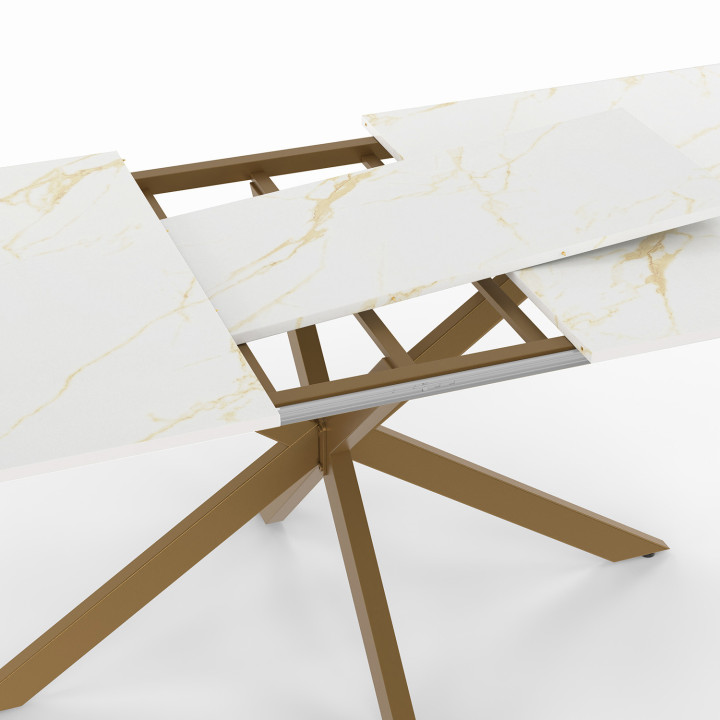 Tavolo allungabile per 6-10 persone, piano effetto marmo oro, gamba a ragno in ottone 160-200cm - ALIX | ID Market