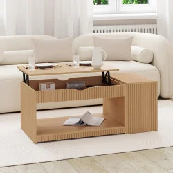 Tavolino sollevabile in colore rovere con doghe e cassetta - JULIETTE | IDMarket