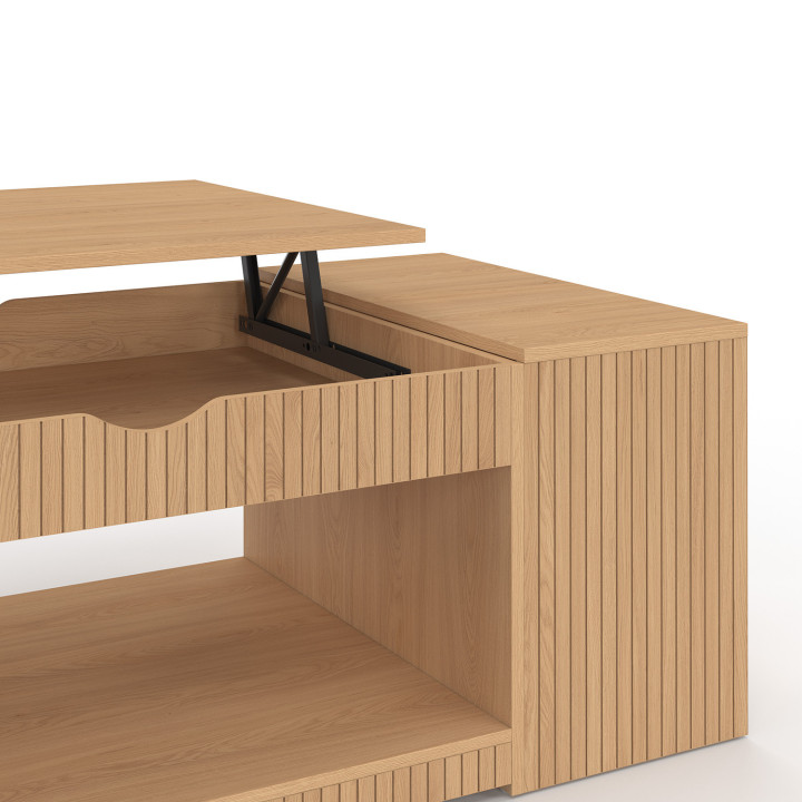Tavolino sollevabile in colore rovere con doghe e cassetta - JULIETTE | IDMarket