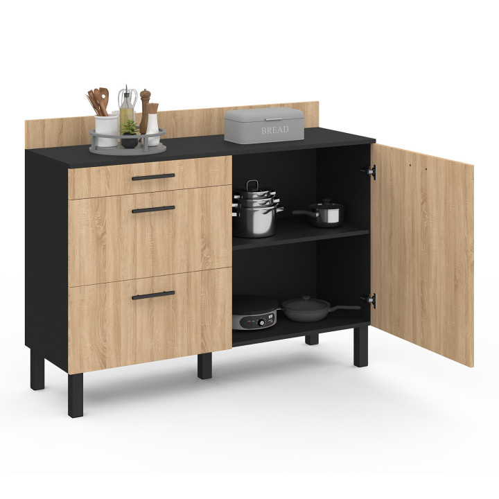 Cassettiera bassa 120cm in legno nero e faggio 1 anta + 3 cassetti - CINA | Zen Cart! IDMarket