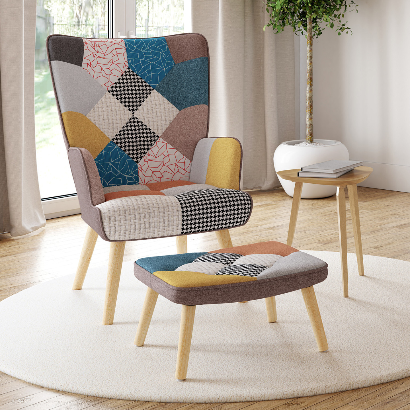 Poltrona Design Kaleidos-F In Tessuto Patchwork Multicolore - Gambe Legno Rovere - 74x84x70 Cm