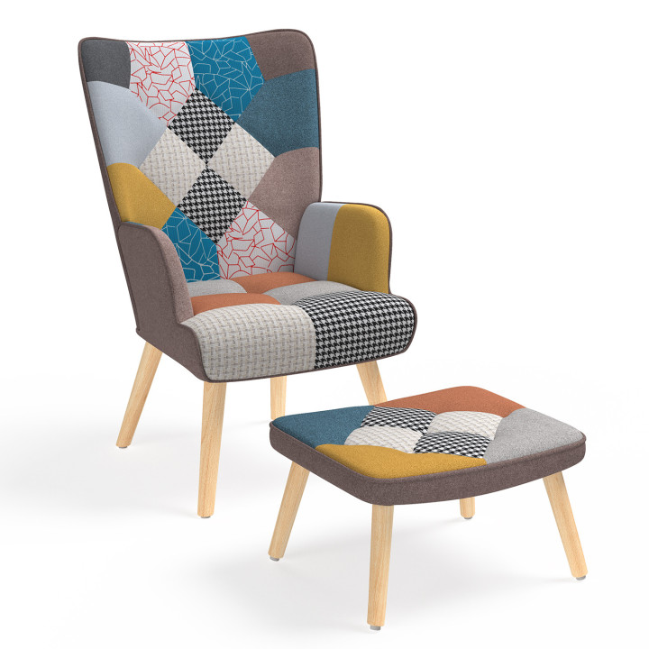 Poltrona scandinava patchwork multicolore con poggiapiedi - IVAR | ID Market