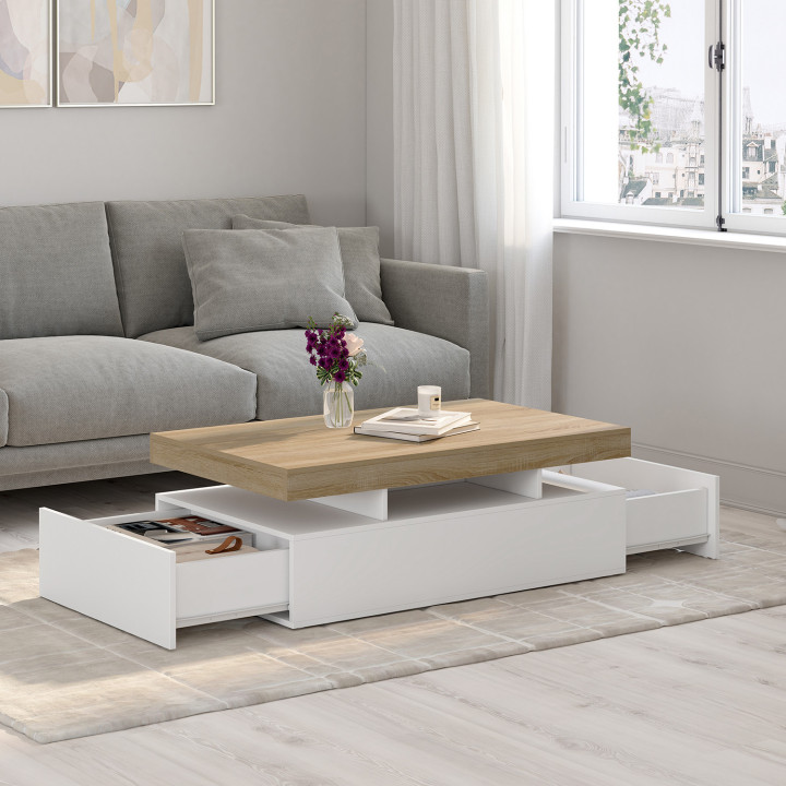 Tavolino rettangolare con 2 cassetti e piano bianco - ELSA | IDMarket