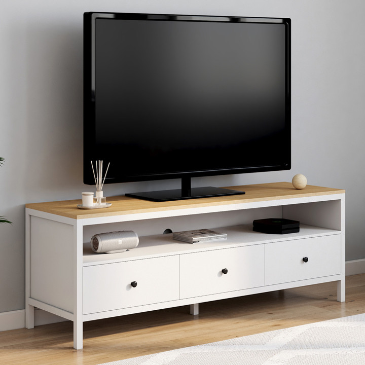 Porta TV bianco a 3 cassetti con piano in legno da 140 cm - ACHILLE | The Art of Living IDMarket