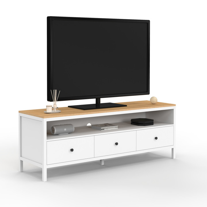 Porta TV bianco a 3 cassetti con piano in legno da 140 cm - ACHILLE | The Art of Living IDMarket