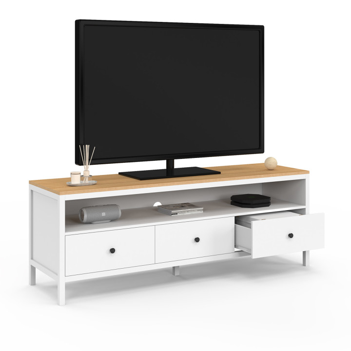 Porta TV bianco a 3 cassetti con piano in legno da 140 cm - ACHILLE | The Art of Living IDMarket