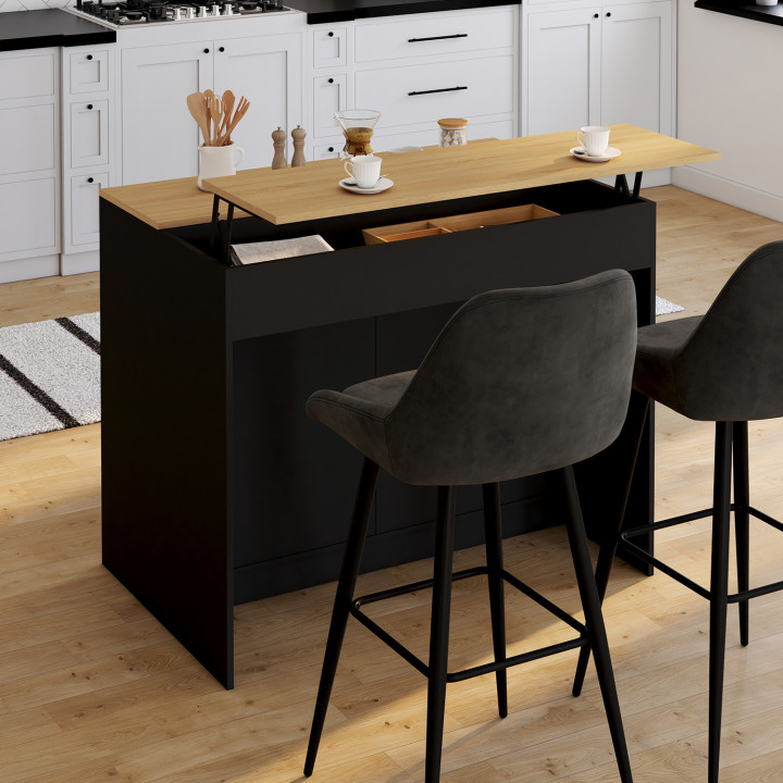 Isola centrale da 110 cm con ripiano rettangolare sollevabile in legno nero e venature di faggio - CESAR | Zen Cart! IDMarket