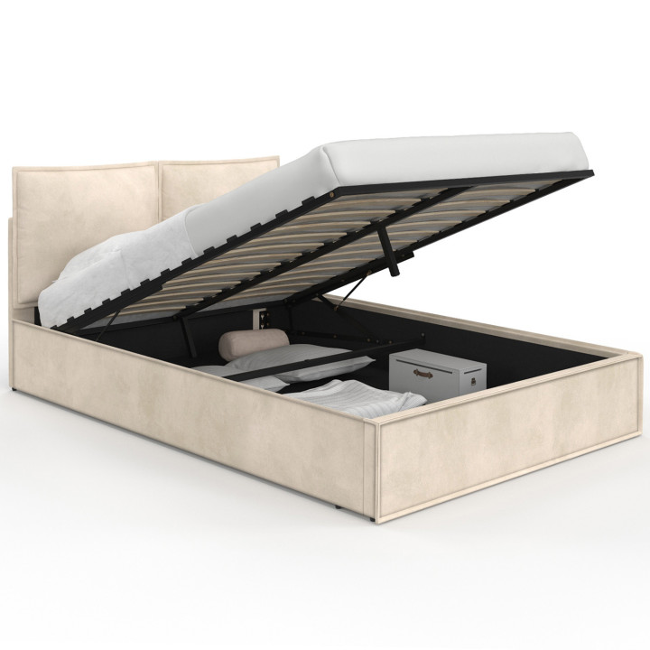 Letto matrimoniale a cassettone, testata, cuscino, base in velluto beige - PILOU | PILOU.COMIDMarket