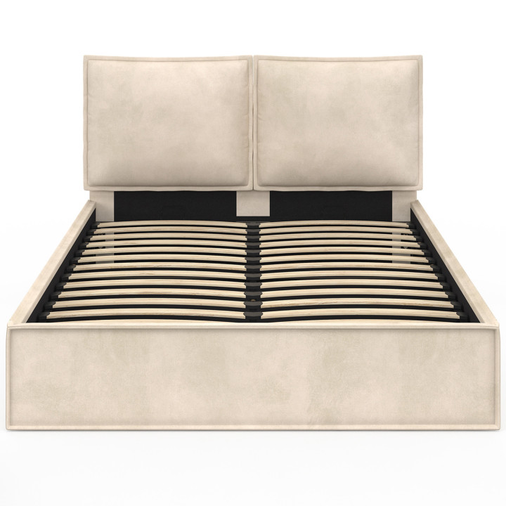 Letto matrimoniale a cassettone, testata, cuscino, base in velluto beige - PILOU | PILOU.COMIDMarket