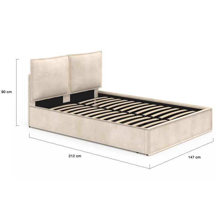 Letto matrimoniale a cassettone, testata, cuscino, base in velluto beige - PILOU | PILOU.COMIDMarket