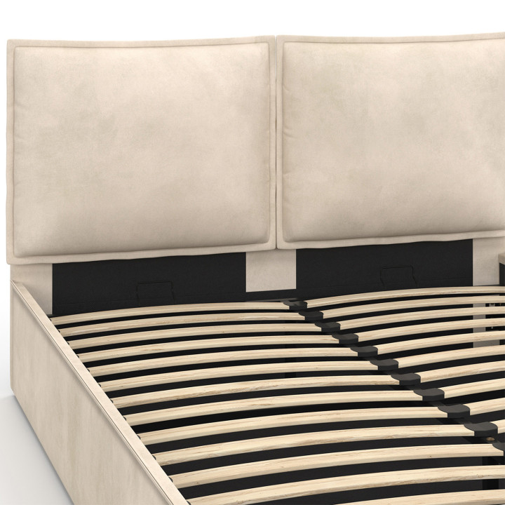Letto matrimoniale a cassettone, testata, cuscino, base in velluto beige - PILOU | PILOU.COMIDMarket