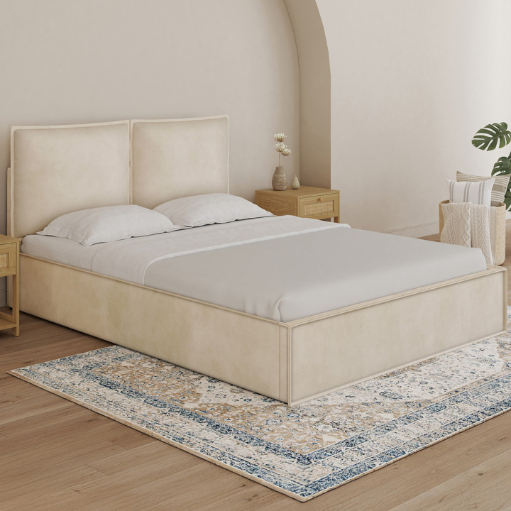 Letto matrimoniale a cassettone, testata, cuscino, base in velluto beige - PILOU | PILOU.COMIDMarket