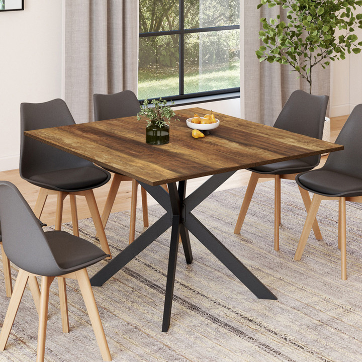 Tavolo da pranzo quadrato per 8 persone in legno scuro e gambe a ragno in metallo nero 110cm - ALIX | ID Market