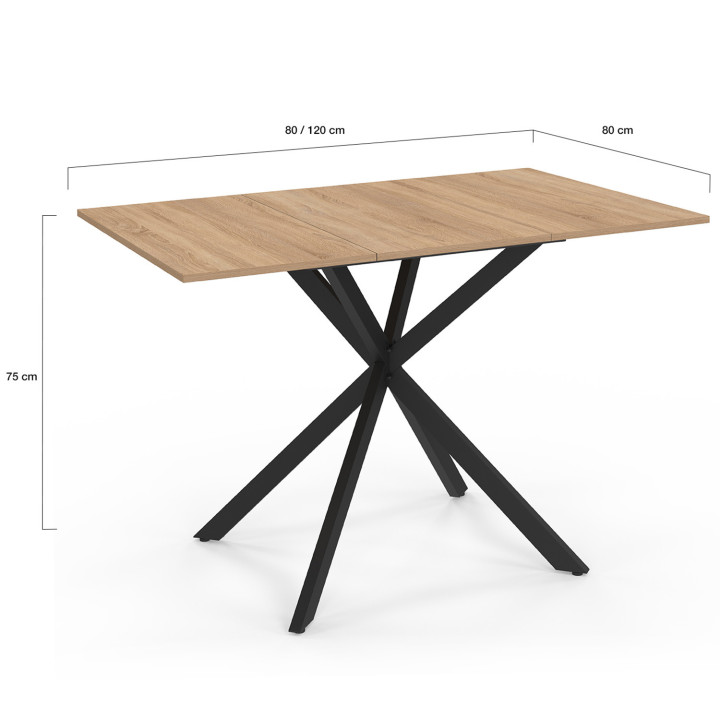 Tavolo da pranzo quadrato allungabile 4-6 persone in legno e gambe a ragno nere 80-120 cm - ALIX | The ALIX Group IDMarket