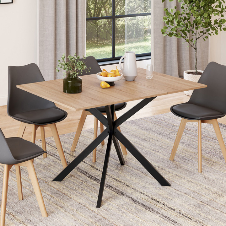 Tavolo da pranzo quadrato allungabile 4-6 persone in legno e gambe a ragno nere 80-120 cm - ALIX | The ALIX Group IDMarket