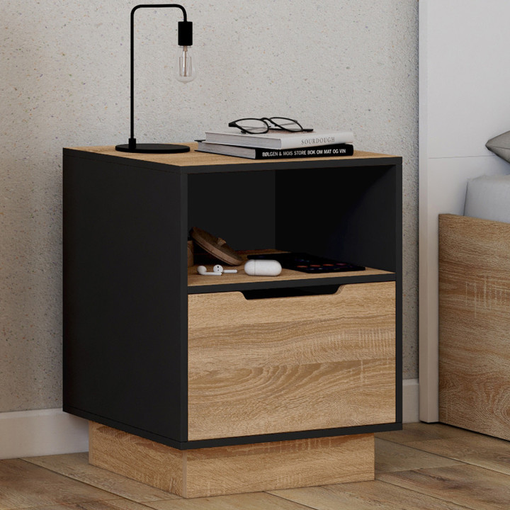 Set di 2 comodini con 1 cassetto e nicchia in faggio e nero - OXANA | IDMarket