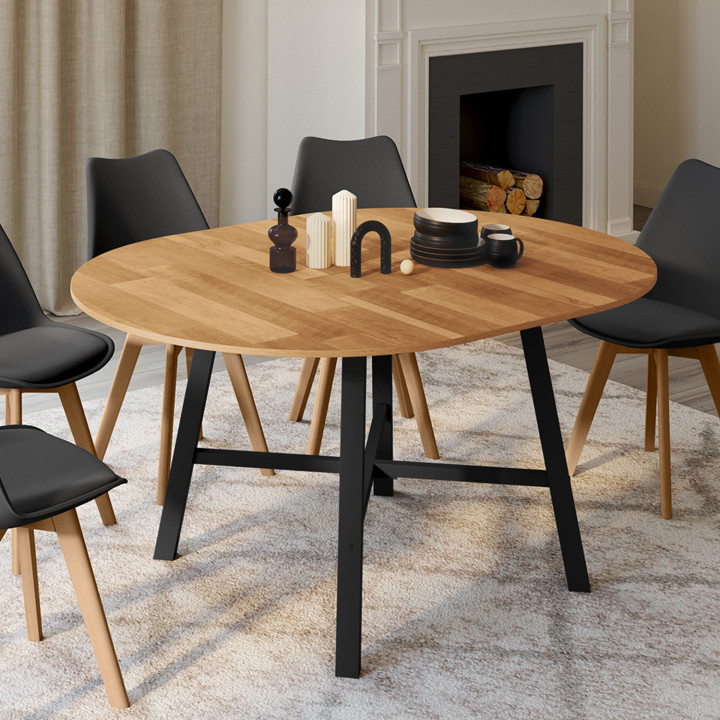 Tavolo da pranzo rotondo allungabile 4-6 persone in legno e metallo nero - MADELEINE | IDMarket