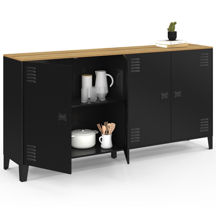 ESTER 160 cm Credenza a 4 ante in metallo nero con piano in legno dal design industriale