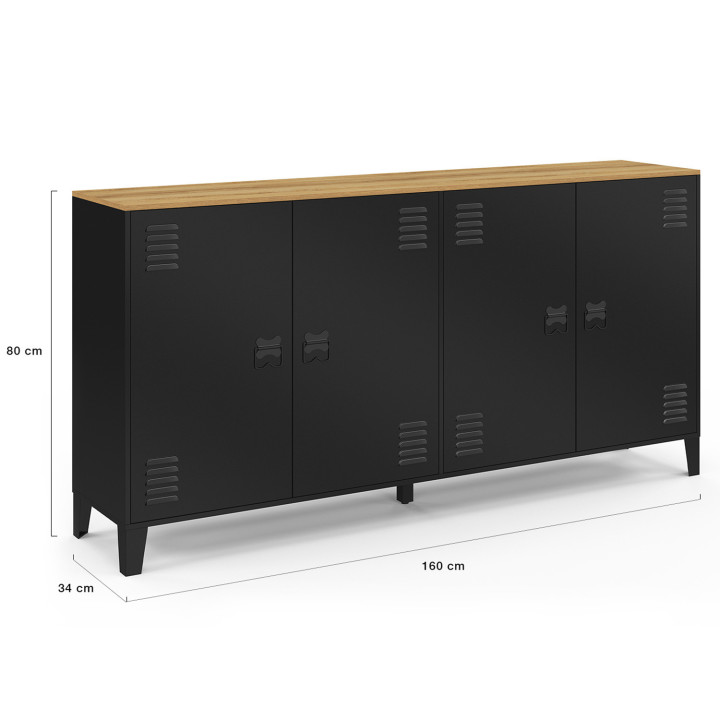 ESTER 160 cm Credenza a 4 ante in metallo nero con piano in legno dal design industriale