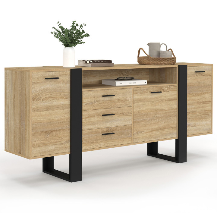180 cm XXL Credenza a 3 ante e 3 cassetti con nicchia in legno e nero - PHOENIX | IdMarket
