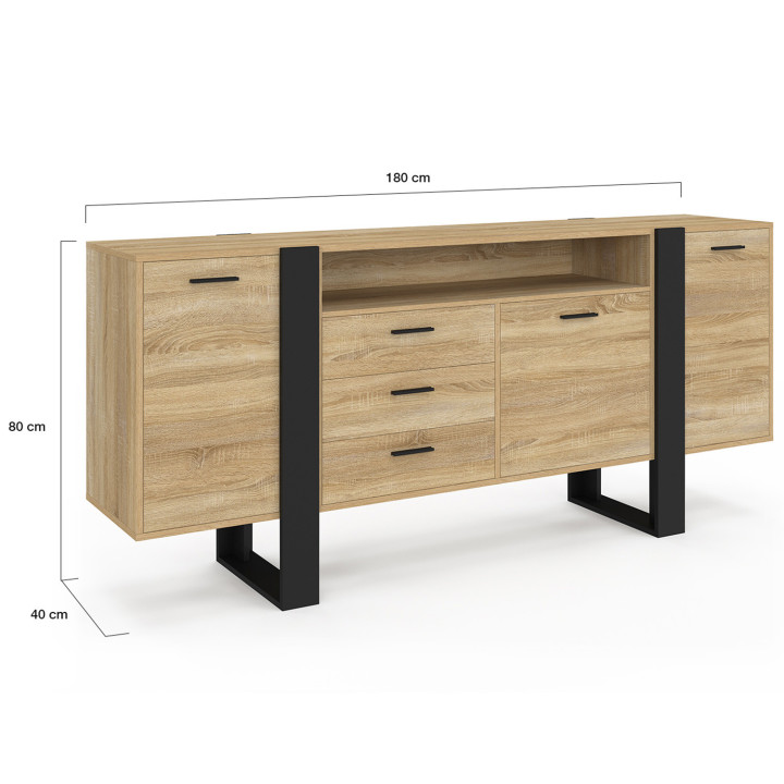 180 cm XXL Credenza a 3 ante e 3 cassetti con nicchia in legno e nero - PHOENIX | IdMarket