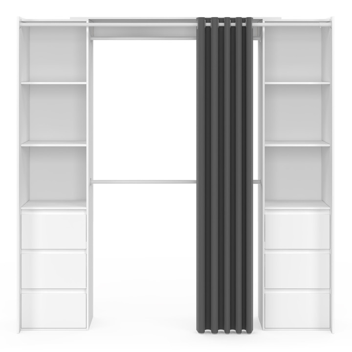 Armadio doppio estensibile 120/180 cm bianco con 6 cassetti + ripiani + armadio doppio + tenda grigia - MERYL | IDMarket