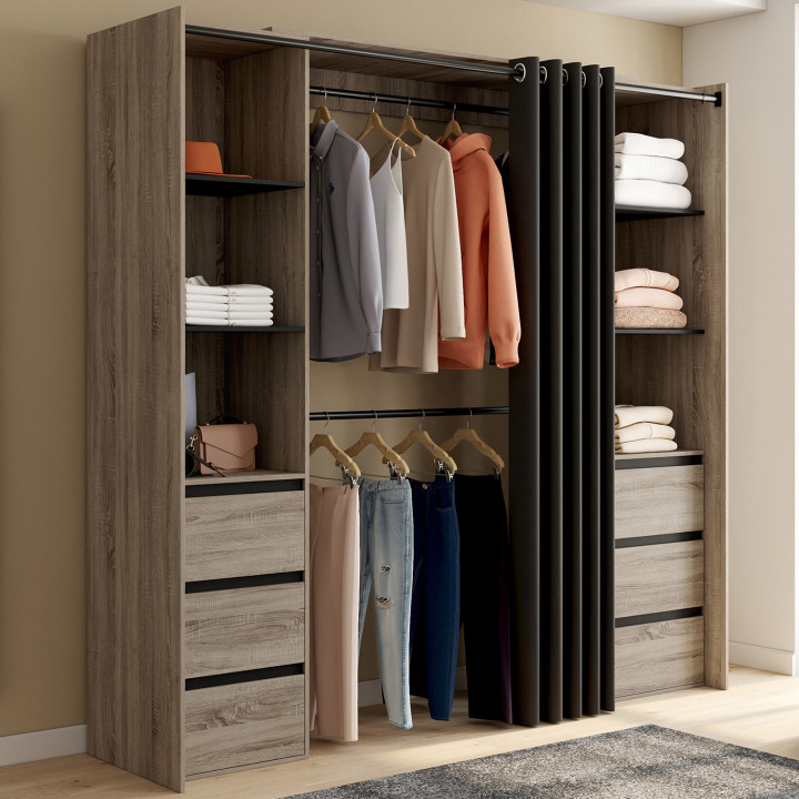 Armadio doppio allungabile 120/180 cm in faggio con 6 cassetti + ripiani + armadio doppio + tenda nera - MERYL | IDMarket