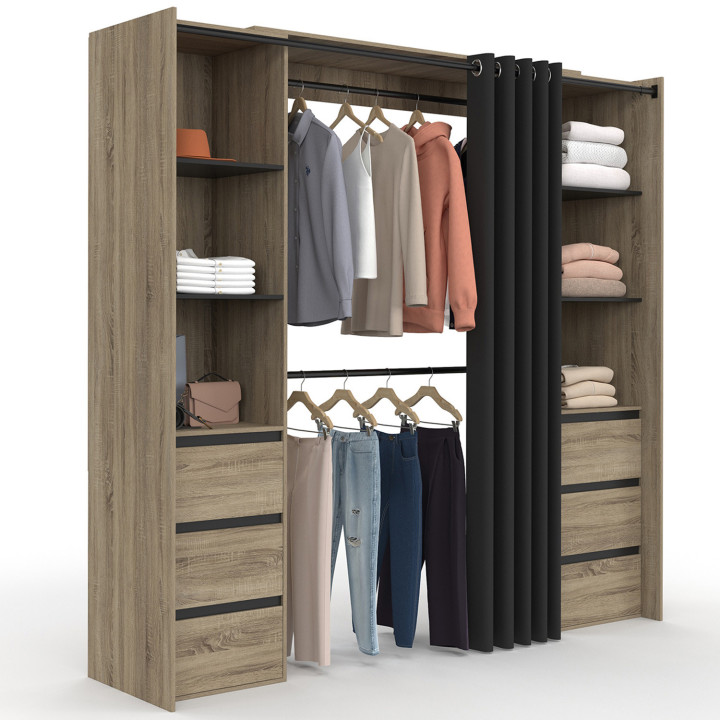 Armadio doppio allungabile 120/180 cm in faggio con 6 cassetti + ripiani + armadio doppio + tenda nera - MERYL | IDMarket
