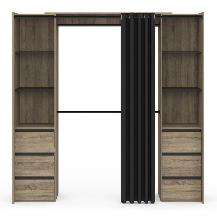 Armadio doppio allungabile 120/180 cm in faggio con 6 cassetti + ripiani + armadio doppio + tenda nera - MERYL | IDMarket