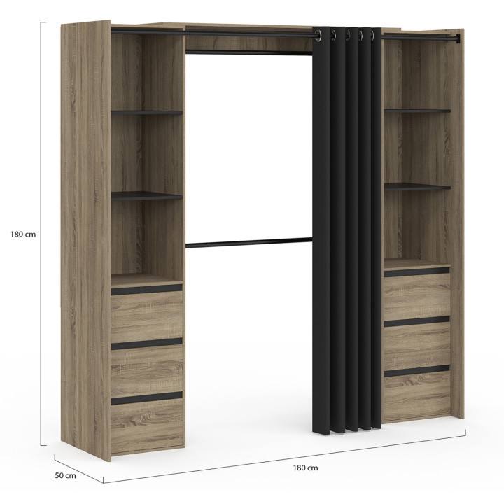 Armadio doppio allungabile 120/180 cm in faggio con 6 cassetti + ripiani + armadio doppio + tenda nera - MERYL | IDMarket