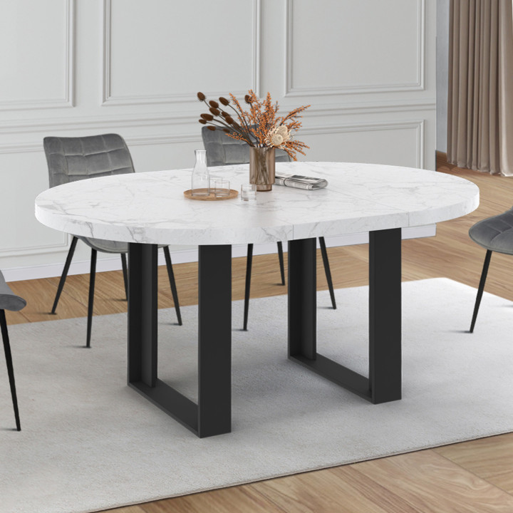 Tavolo da pranzo rotondo allungabile con piano effetto marmo bianco - ALASKA | IDMarket
