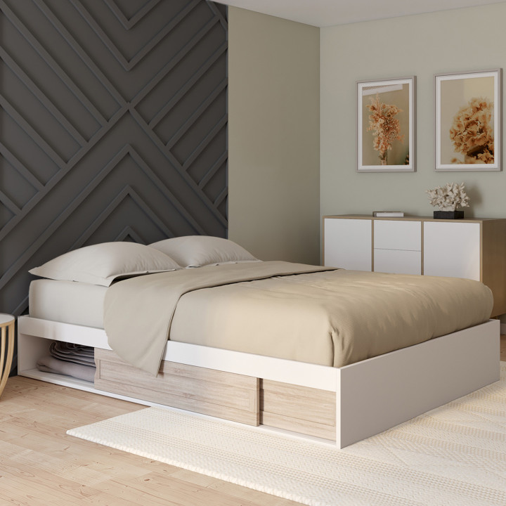 Struttura letto 140x190cm con contenitore e materasso in legno bianco e faggio - SALEM | ID Market