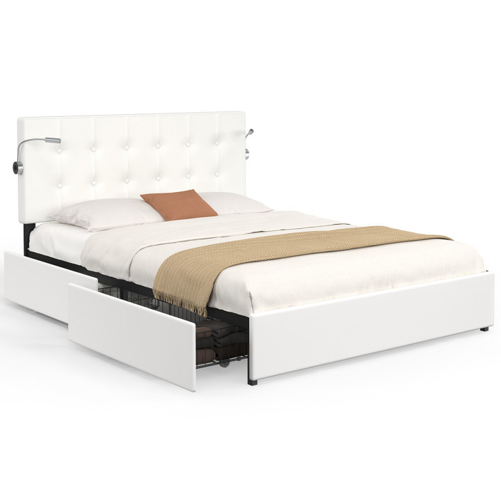 Letto matrimoniale 140 x 190 con testiera imbottita in PVC bianco e luci di lettura - MAEL | Zen Cart! IDMarket