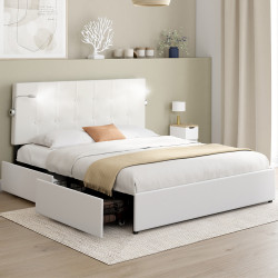 Letto matrimoniale 140 x 190 con testiera imbottita in PVC bianco e luci di lettura - MAEL | Zen Cart! IDMarket